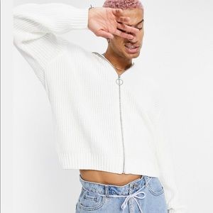 Unisex ASOS design knitted oversized zip trough funnel in white